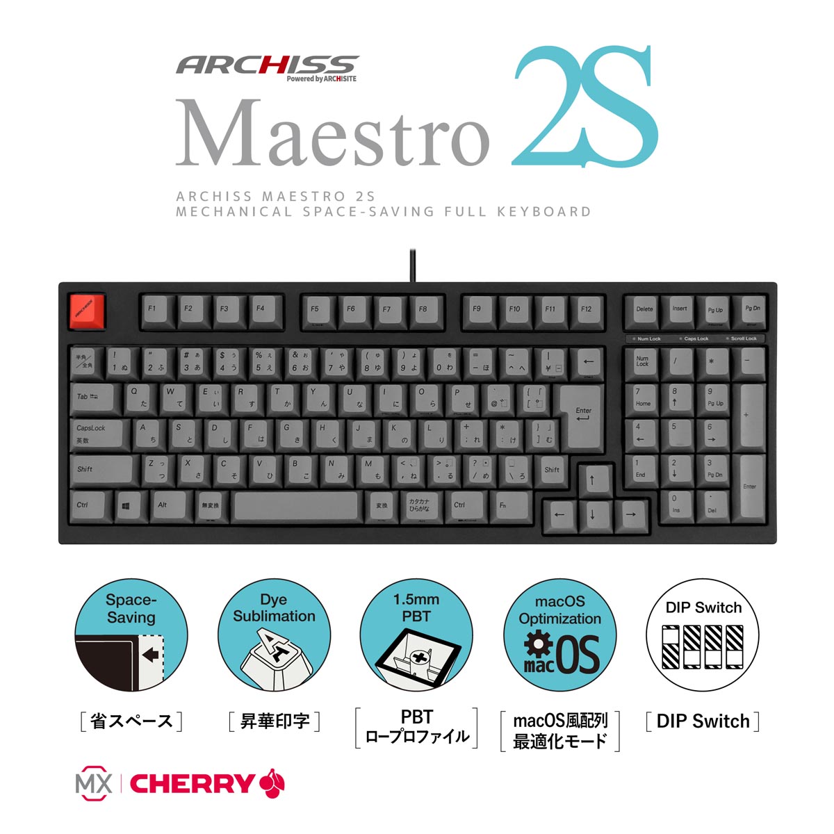 ARCHISITE アーキサイト Maestro2S AS-KBM02/LSGBA 日本語配列テンキー付コンパクトサイズ 有線 CherryMX銀軸  メカニカルキーボード｜ツクモ公式通販サイト