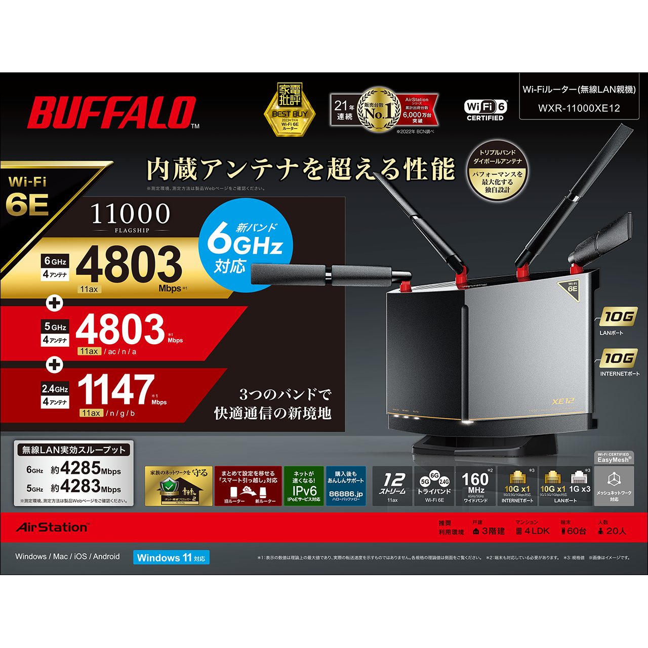 BUFFALO バッファロー AirStation WXR-11000XE12 [無線LAN親機 / Wi-Fi 6E(11ax)対応 / 4803  Mbps + 4803 Mbps + 1147 Mbps / WXR-11000XE12シリーズ]｜ツクモ公式通販サイト