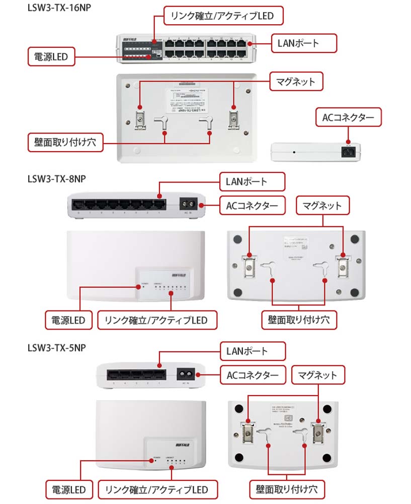 BUFFALO バッファロー LSW3-TX-16NP [16ポート/100Mbps×16