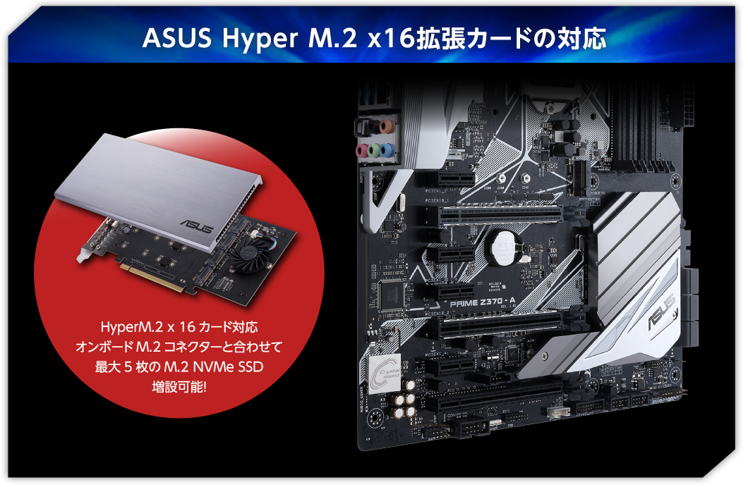 ASUS Hyper M.2 x16拡張カードの対応 HyperM.2 x 16カード対応オンボードM.2コネクターと合わせて最大5枚のM.2 NVMe SSD増設可能！